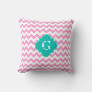 Coussin Blanc rose Chevron Zigzag Turquoise Quatrefoil Mon