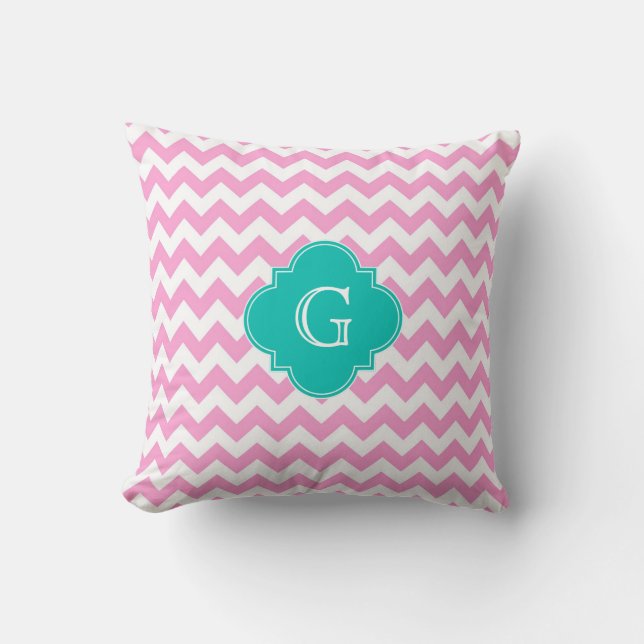 Coussin Blanc rose Chevron Zigzag Turquoise Quatrefoil Mon (Recto)