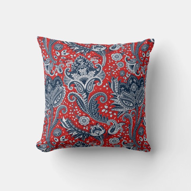 Coussin Blanc rouge et bleu Floral Paisley Bohemian Boho (Recto)