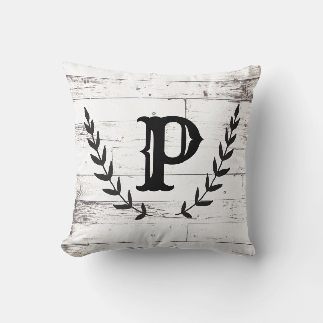 Coussin Blanc Rustique Bois Chic Ébréché Laurier Campagne (Recto)