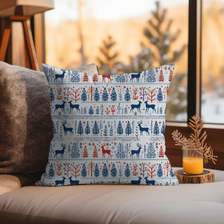 Coussin Blanc scandinave Noël Cerfs Folk Art nordique