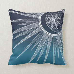 Coussin Blanc Sun Moon Mandala Blue Gradient Design