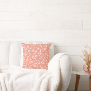 Coussin Blanc sur corail Motif d'étoiles en linogravure