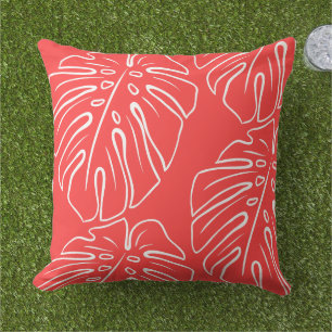 Coussin Blanc Tropical Leaf Motif Coral Saumon Rouge