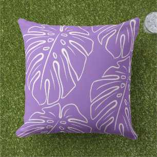 Coussin Blanc Tropical Leaf Motif Sur Lavender Violet