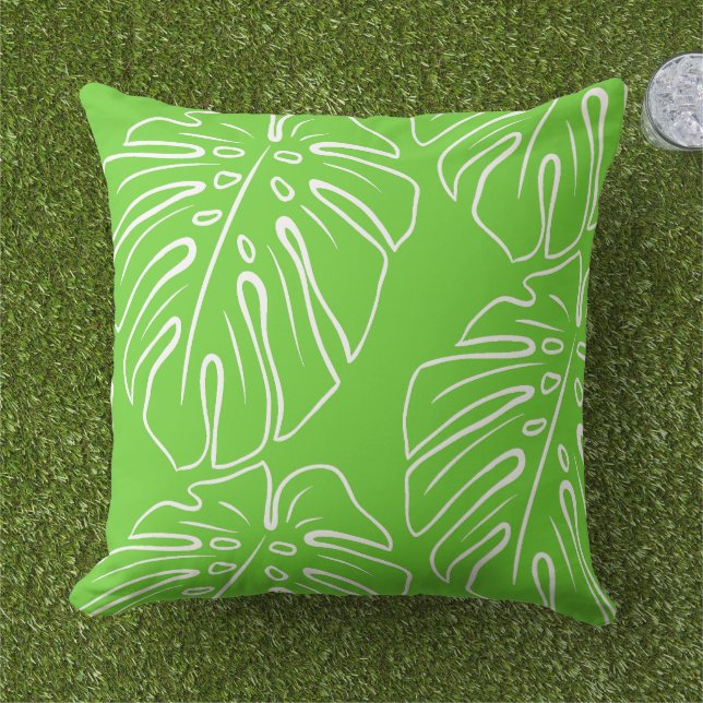 Coussin Blanc Tropical Leaf Motif Sur Lime Green (Herbe)