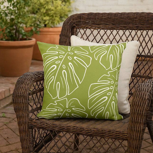 Coussin Blanc Tropical Leaf Motif Sur Vert Olive (Créateur téléchargé)