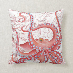 Coussin Blanc vintage de carte de poulpe rouge