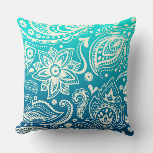 Coussin Blanc Vintage Paisley & Turquoise Gradient 2