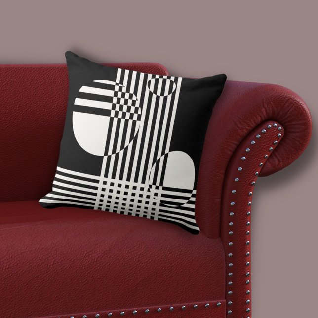 Coussin Blancs et cercles noirs irréguliers (Irregular White & Black Stripes & Circles Throw Pillow, Living Room)