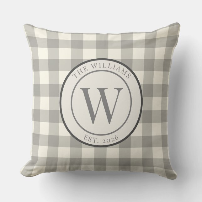 Coussin Blason de Famille Gingham Gris Rustique (Recto)