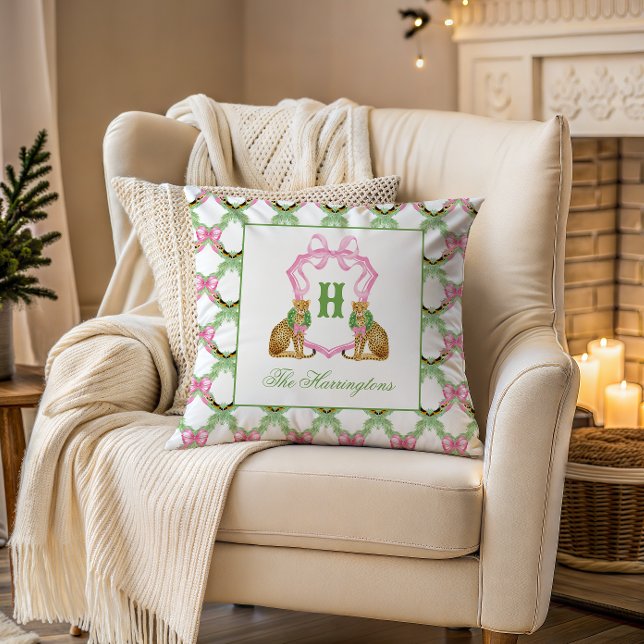 Coussin Blason de monogramme de Noël léopard Prépa aquarel (Créateur téléchargé)