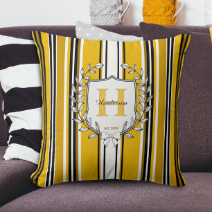 Coussin Blason de monogramme Élégant rayure jaune Nom de f