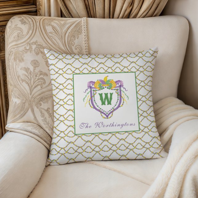 Coussin Blason de monogramme Mardi Gras à l'aquarelle (Créateur téléchargé)