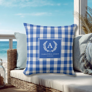 Coussin Blason Monogramme à Carreaux Bleus