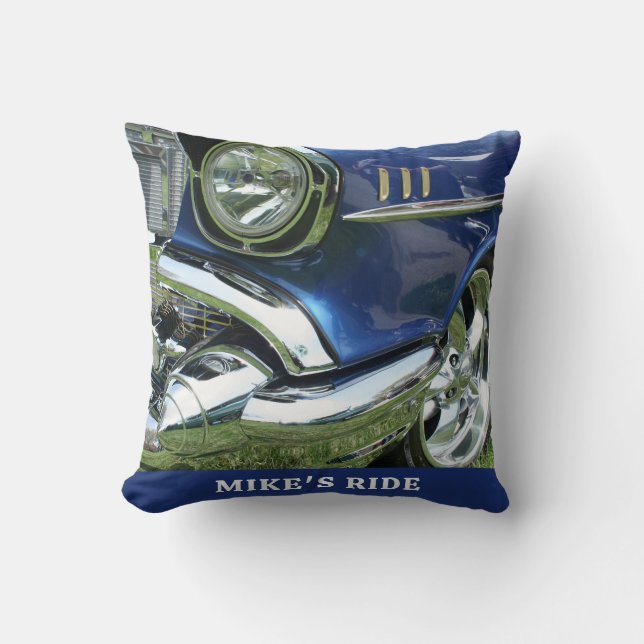 Coussin Bleu 1957 Chevy, nom ou message, votre photo (Recto)