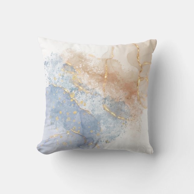 Coussin Bleu Abstrait, Taupe et Or (Recto)