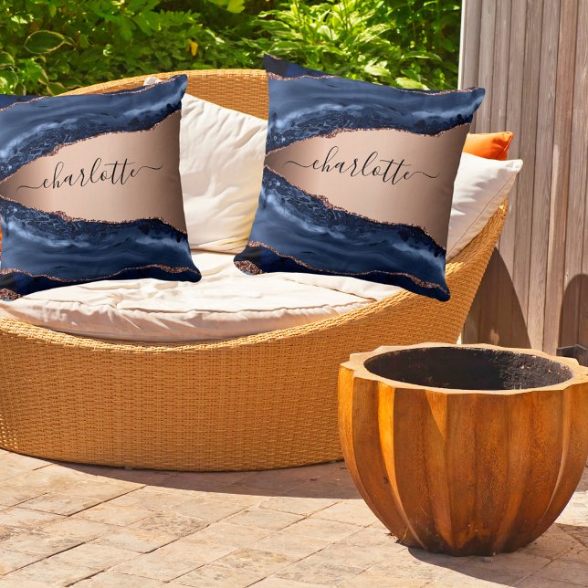 Coussin Bleu agate marbre rose or nom script (Créateur téléchargé)