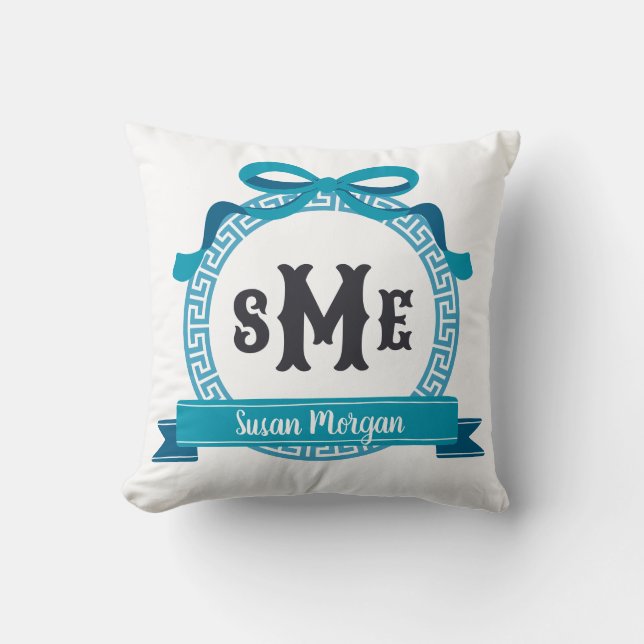 Coussin Bleu Aqua Profond Monogramme à Coudes à Motif Grec (Recto)