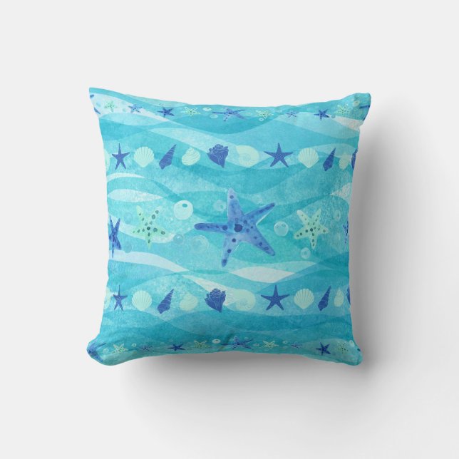 Coussin Bleu Aqua Starfish Coquillage Ocean Waves Coastal (Recto)
