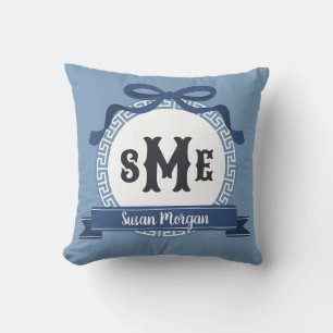 Coussin Bleu ardoise clé grecque inversée monogramme à nœu