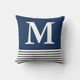 Coussin Bleu avec bandes B/W Personnalisées Monogrammes 