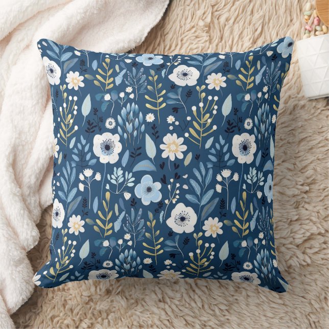 Coussin Bleu avec des fleurs blanches et jaunes jolies (Couverture)