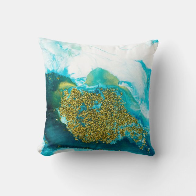 Coussin Bleu avec or parties scintillant fluide art, créat (Recto)