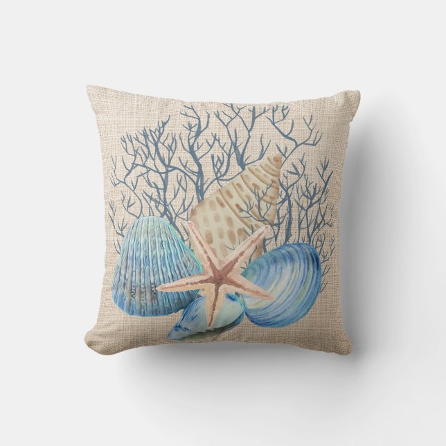 Coussin Bleu Beige Coquillages Estarfish Coral Vie marine  (Recto)