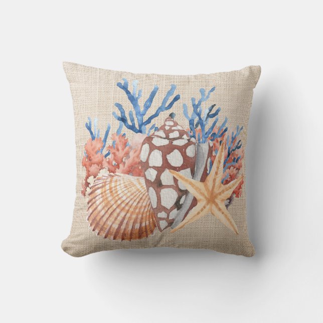 Coussin Bleu Beige Coquillages Starfish Coral Coastal Beac (Recto)