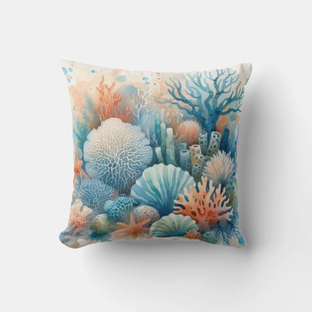 Coussin Bleu Beige Orange Coral Reef Aquarelle Vie marine (Recto)