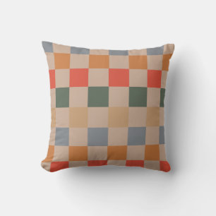 Coussin Bleu Beige Orange Marron Carreaux Motif Gingham