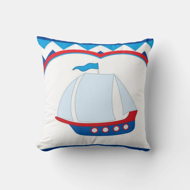 Coussin Bleu Blanc Chevron Arrière - plan Bleu Red Voilier (Recto)