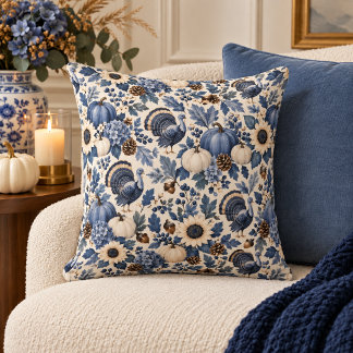 Coussin Bleu Blanc Chinoiserie Fleur de dinde de Thanksgiv
