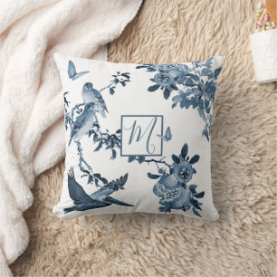 Coussin Bleu blanc Chinoiserie Floral élégant Monogramme
