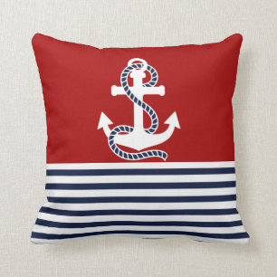 Coussin Bleu blanc de la marine et Ancre blanche