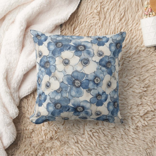 Coussin Bleu Blanc Denim Coeur rayures Floral (Couverture)