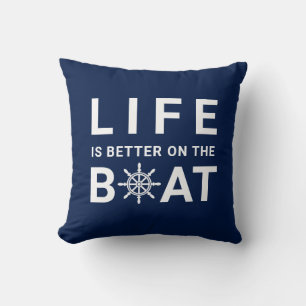 Coussin Bleu blanc "La vie est meilleure sur le bateau" Na