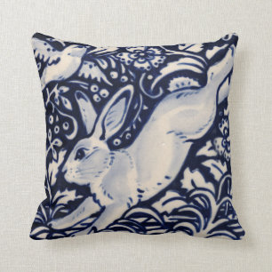 Coussin Bleu Blanc Leaping Lapin Lièvre Lapin Chinoiserie