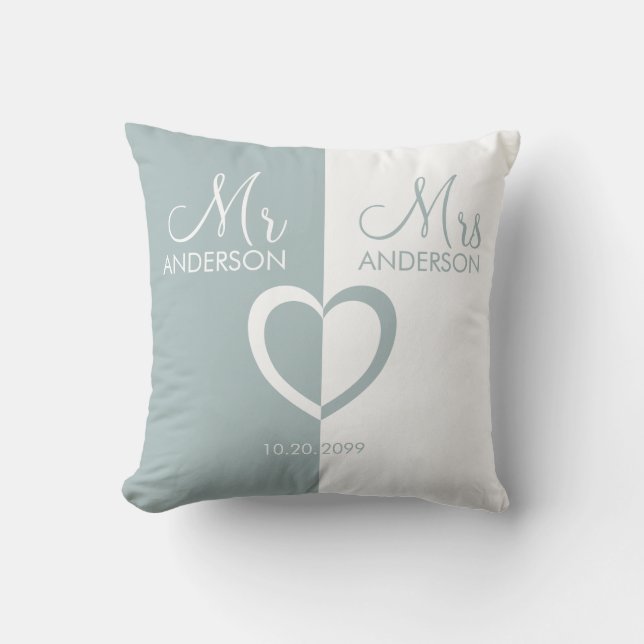 Coussin Bleu blanc M. Mme nom coeur cadeau mariage (Recto)