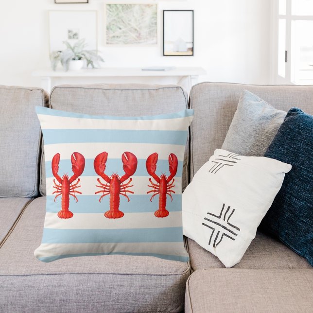 Coussin Bleu blanc rayures nautiques rouge homards (Créateur téléchargé)
