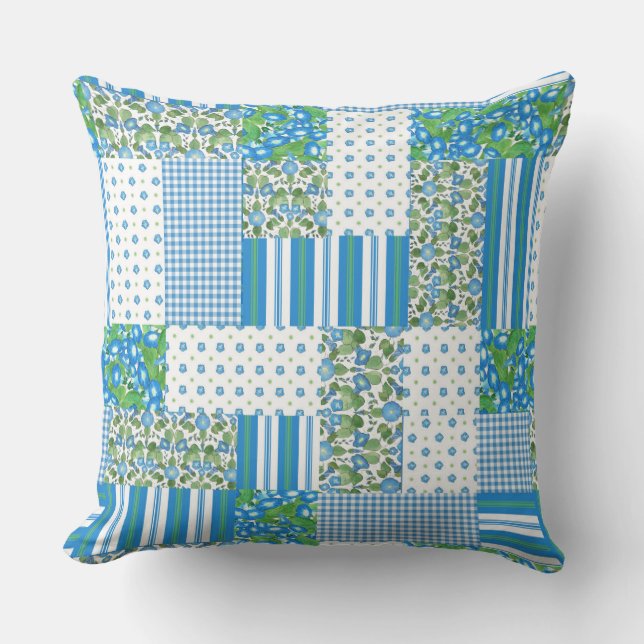 Coussin Bleu, Blanc, Vert Matin Glory Faux Patchwork (Recto)