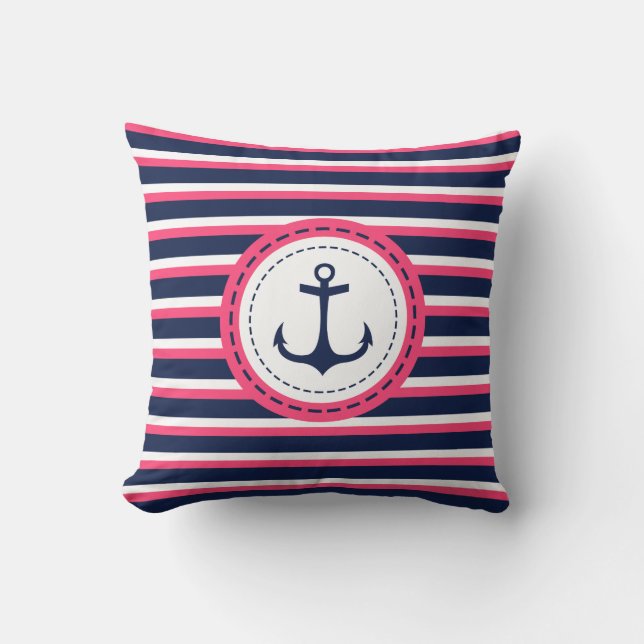 Coussin Bleu bleu marine Hot rose rayures Ancre (Recto)
