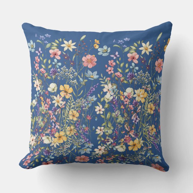 Coussin Bleu Botanique Floral (Recto)
