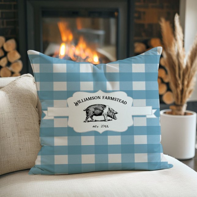 Coussin Bleu Buffalo Plaid Agritourisme Cochon Jeter Oreil (Blue Buffalo Plaid Farm Pig Throw Pillow)