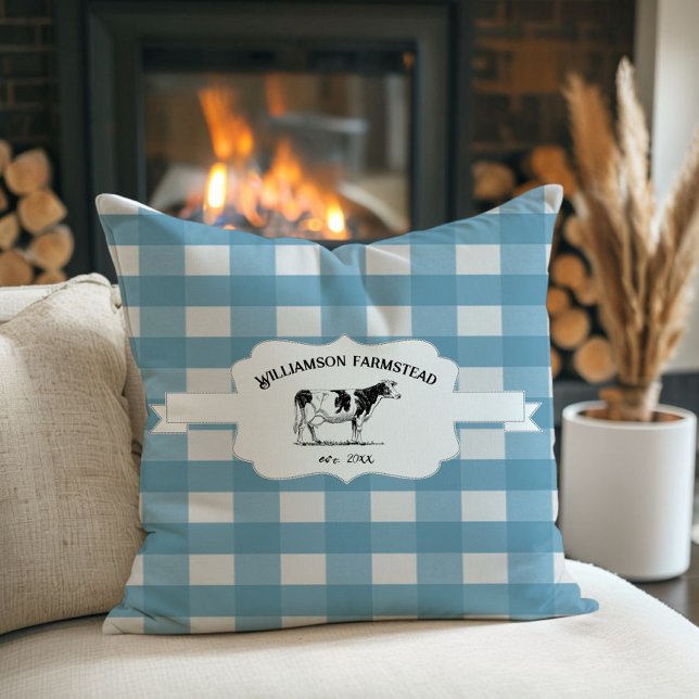 Coussin Bleu Buffalo Plaid Agritourisme Vache Lève Oreille (Blue Buffalo Plaid Farm Cow Throw Pillow)