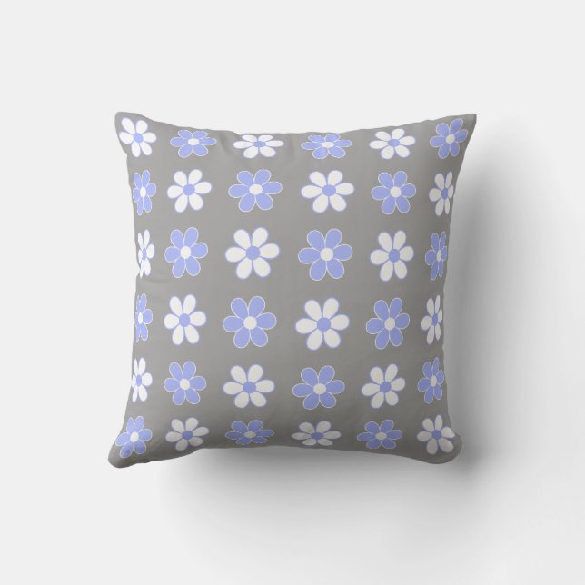 Coussin Bleu Ciel & Fleurs Blanches sur Gris Argent (Verso)