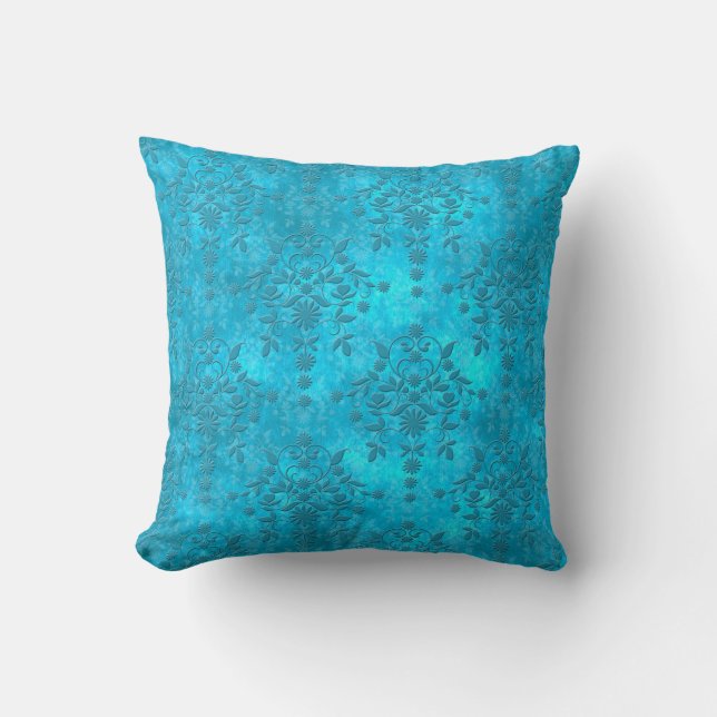 Coussin Bleu Clair Aqua Double Damassé en Distress (Recto)