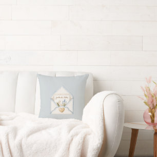 Coussin Bleu Clair Crème Enveloppe Cœur Floral Français