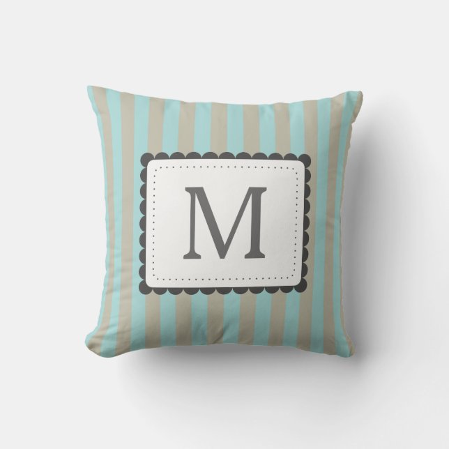 Coussin Bleu clair et rayures beiges Monogramme personnali (Recto)